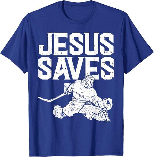 Jesus Saves Ice Hockey Goalie Sport Religious Christian Gift T-Shirt - T-Shirt | Royal