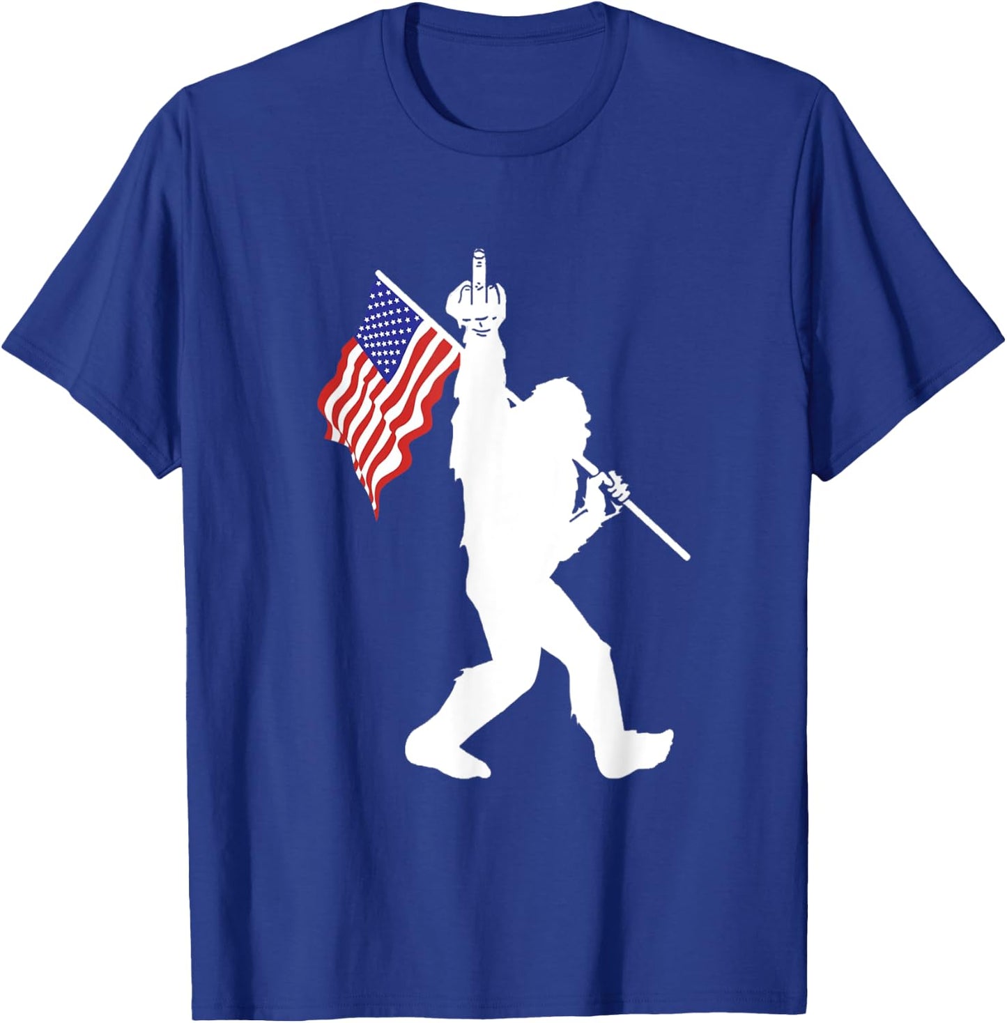 Funny Bigfoot Middle Finger USA Flag Sasquatch Believers T-Shirt - T-Shirt | Royal