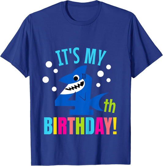 4 Year Old 4th Shark Party Birthday Baby Gift Girls And Boys T-Shirt - T-Shirt | Royal