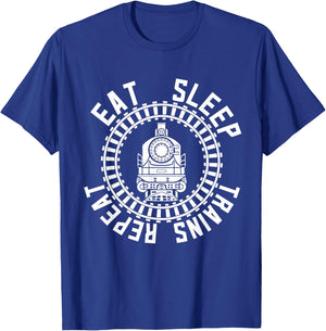 Train Rail Fan Kids Model Railroad Eat Sleep Trains Repeat T-Shirt - T-Shirt | Royal
