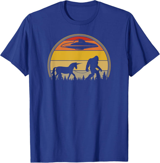 Retro Sunset Unicorns, Aliens, UFOs, Bigfoot T-Shirt - T-Shirt | Royal