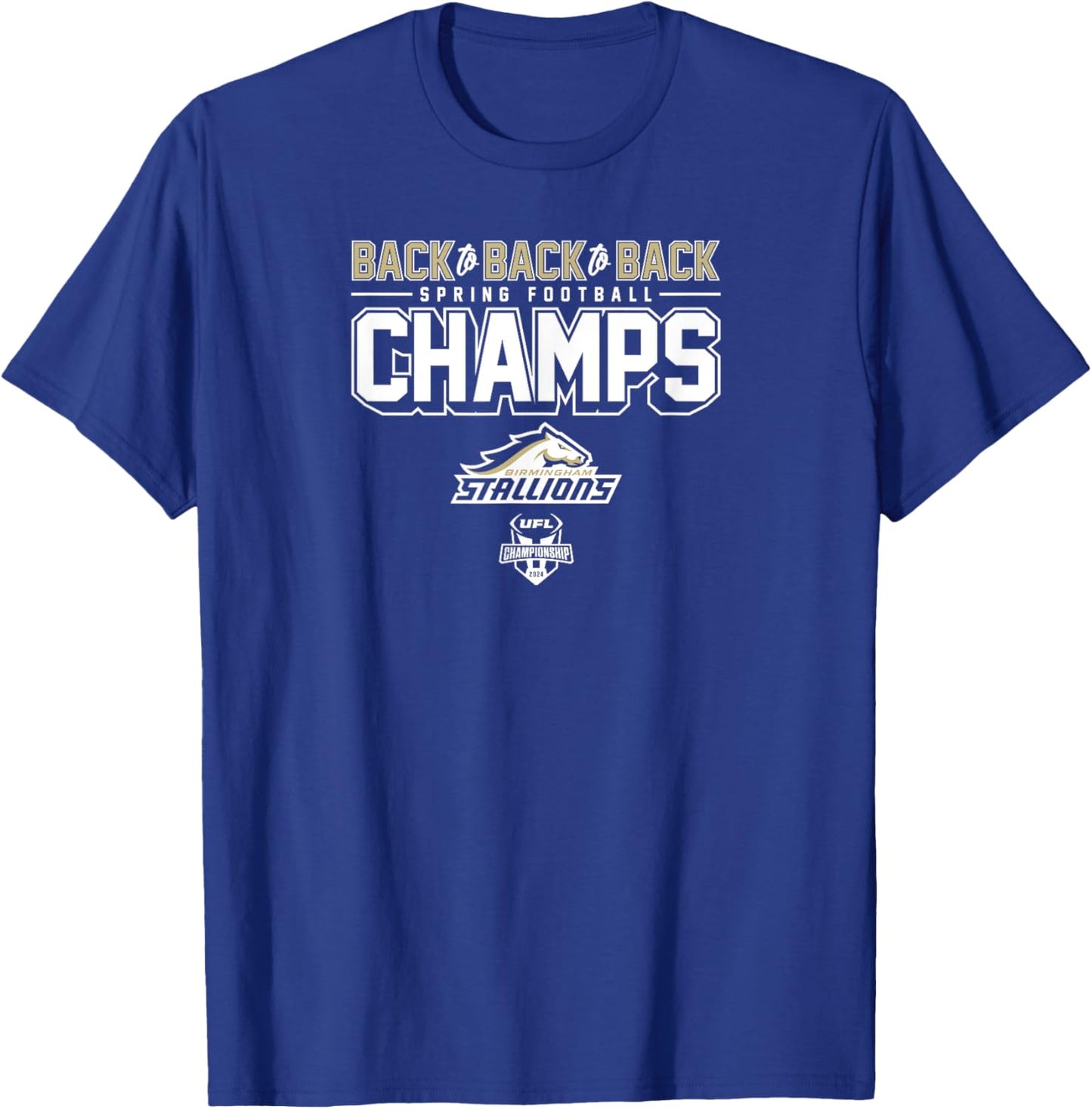 Birmingham Stallions - Back-to-Back-to-Back Spring Champs T-Shirt - T-Shirt | Royal