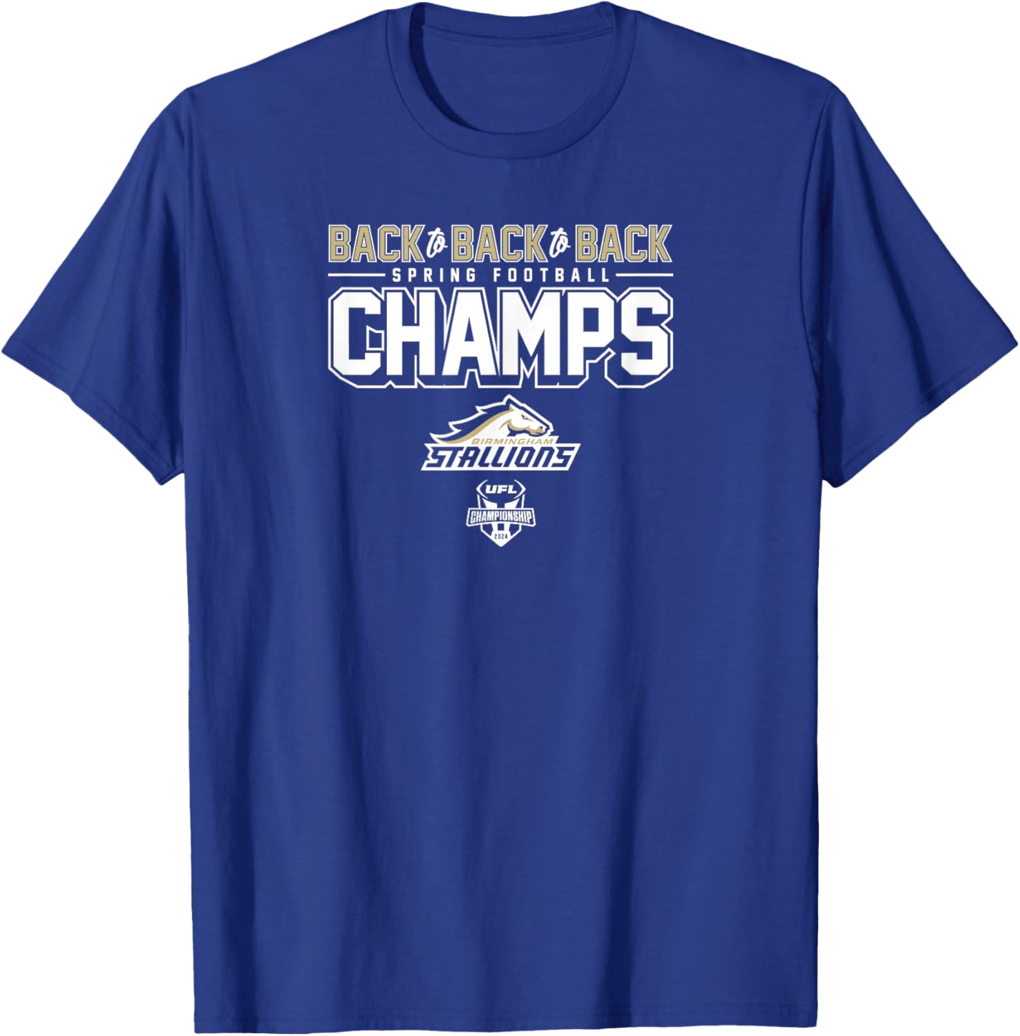 Birmingham Stallions - Back-to-Back-to-Back Spring Champs T-Shirt - T-Shirt | Royal