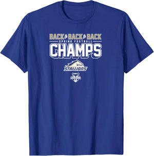 Birmingham Stallions - Back-to-Back-to-Back Spring Champs T-Shirt - T-Shirt | Royal