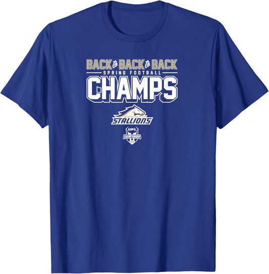 Birmingham Stallions - Back-to-Back-to-Back Spring Champs T-Shirt - T-Shirt | Royal