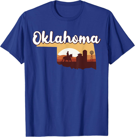 Oklahoma Map Horse Riding Cowboy Barn Windmill Souvenir T-Shirt - T-Shirt | Royal