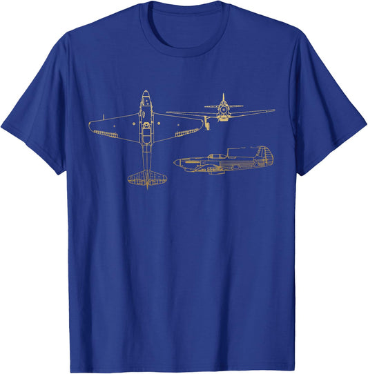 Yak-9 Soviet WW2 Plane Warbird Blueprint Schematics Diagram T-Shirt - T-Shirt | Royal