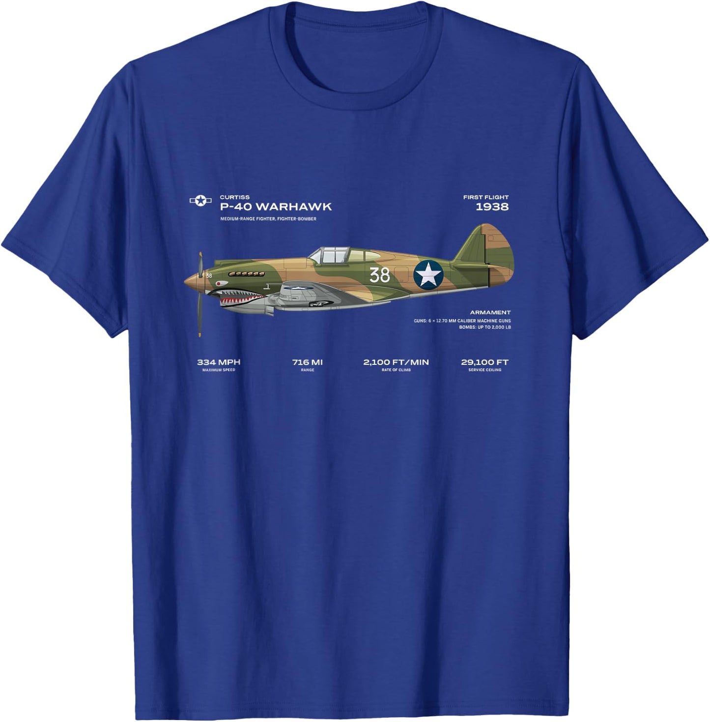 P-40 Warhawk US WWII Airplane Historic War Bird Fighter bomb T-Shirt - T-Shirt | Royal