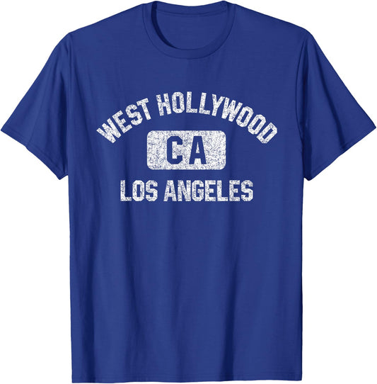 West Hollywood Los Angeles Gym Style Distressed White Print T-Shirt - T-Shirt | Royal