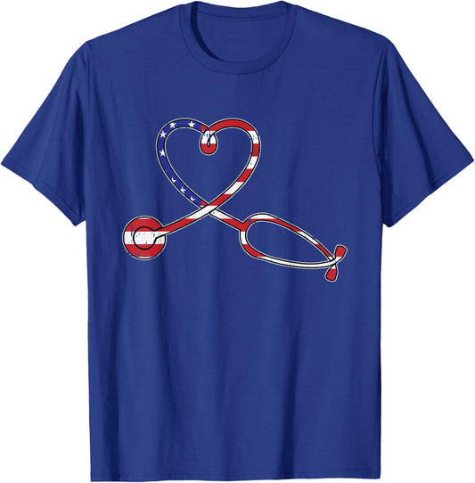 Nurse American Flag 4th Of July Heart Patriotic RN Nursing T-Shirt - T-Shirt | Royal