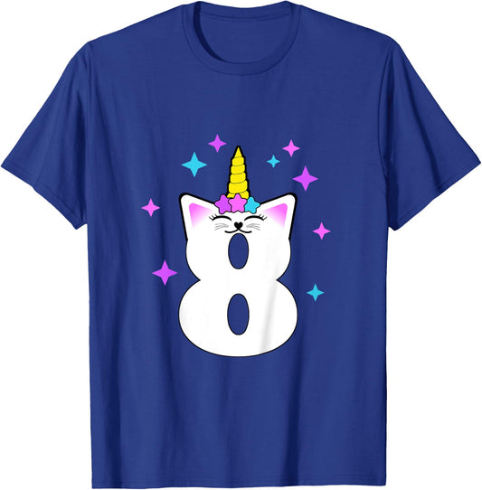 8 Year Old Cat Unicorn Caticorn 8th Birthday Party Girls T-Shirt - T-Shirt | Royal