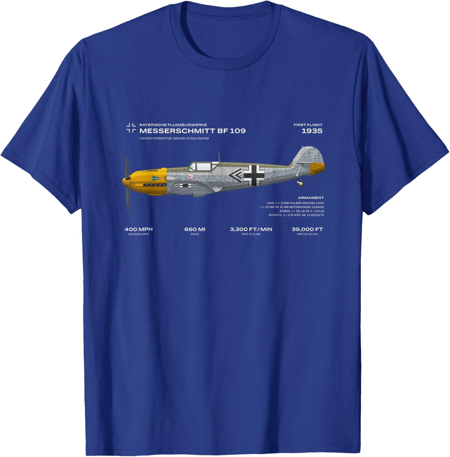 Vae Victis Messerschmitt Bf 109 WWII Airplane Historic War Bird Fighter T-Shirt - T-Shirt | Royal