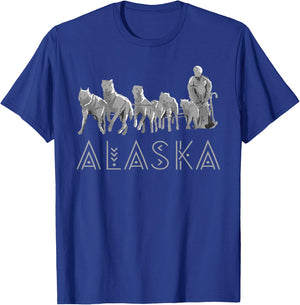 Alaska Sled Dogs Mushing Team Snow Sledding Mountain Scene T-Shirt - T-Shirt | Royal