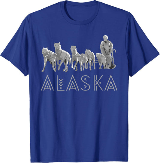 Alaska Sled Dogs Mushing Team Snow Sledding Mountain Scene T-Shirt - T-Shirt | Royal