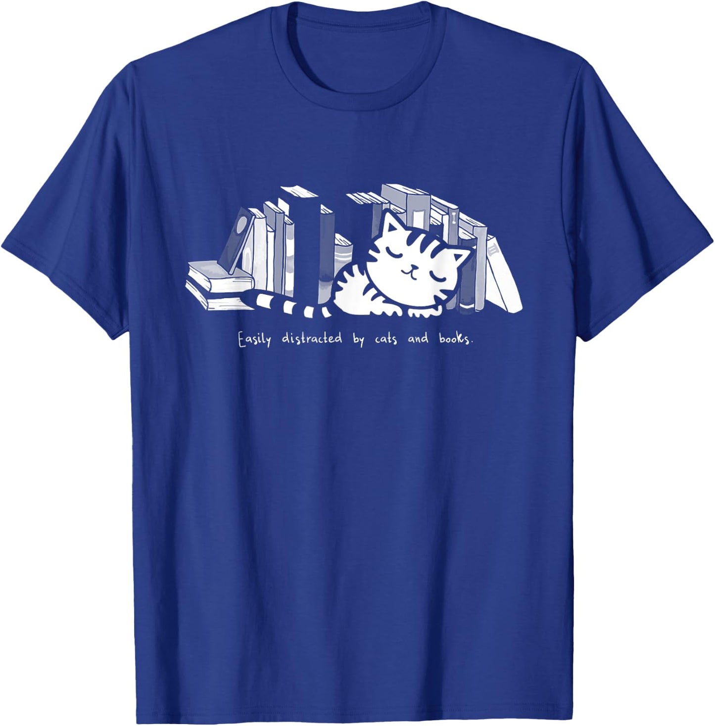 Easily Distracted by Cats And Books Cat Book Lover Women Girls Kids T-Shirt - T-Shirt | Royal
