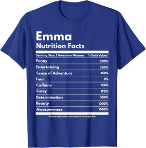 That's My Name Co. Emma Nutrition Facts Gift Funny Personalized Name Emma Black Cotton Polyester Modern Lace Letter Print Short Sleeve Classic Fit T-Shirt - T-Shirt | Royal