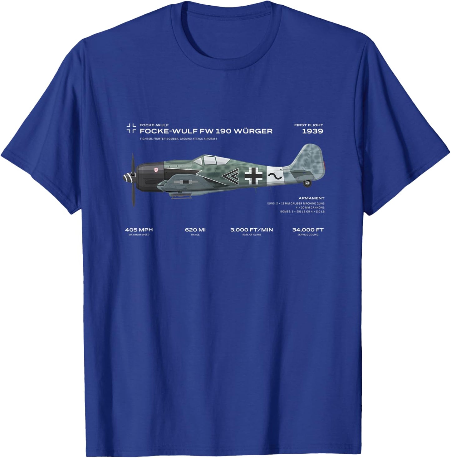 Focke Wulf Fw 190 WWII Airplane Historic War Bird Fighter T-Shirt - T-Shirt | Royal