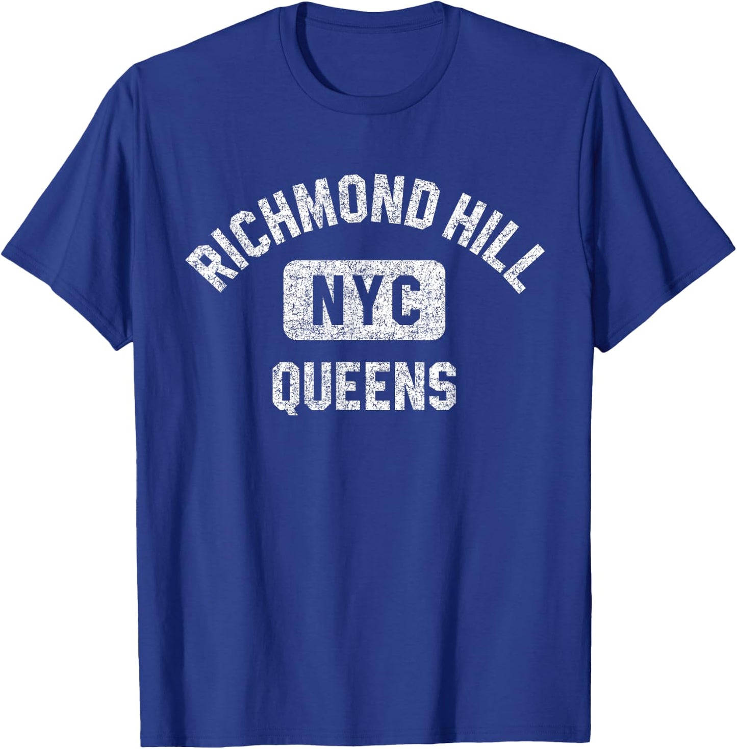 Richmond Hill Queens NYC Gym Style Distressed White Print T-Shirt - T-Shirt | Royal