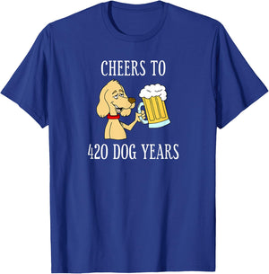 Cheers To 420 Dog Years Cartoon Beer Funny 60th Birthday Men Women T-Shirt - T-Shirt | Royal
