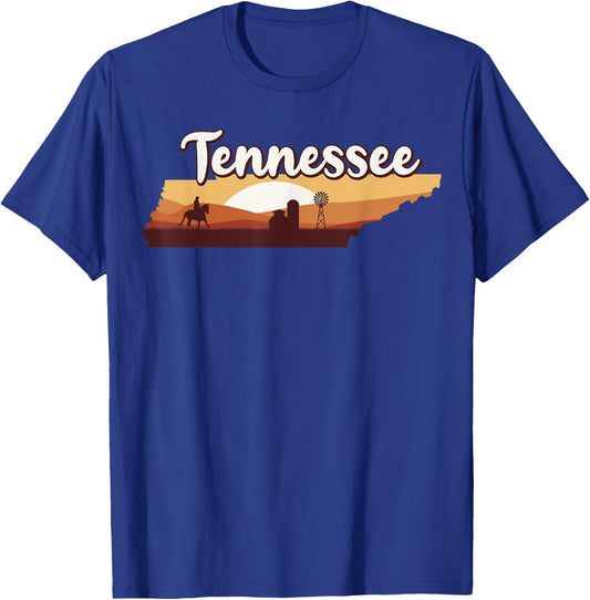 Cowboy Horse Riding Rodeo Barn Windmill Tennessee Map 70s T-Shirt - T-Shirt | Royal