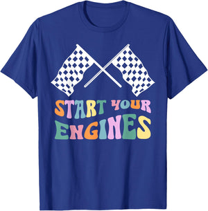 Start Your Engines Retro Checkered Flag Funny Groovy Racing T-Shirt - T-Shirt | Royal