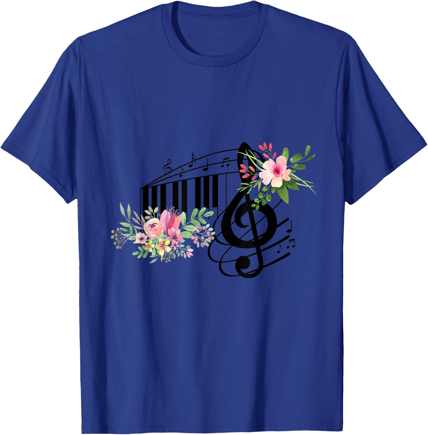 Cut Music Teacher Shirt with a Piano Keys, Notes and Flowers T-Shirt - T-Shirt | Royal