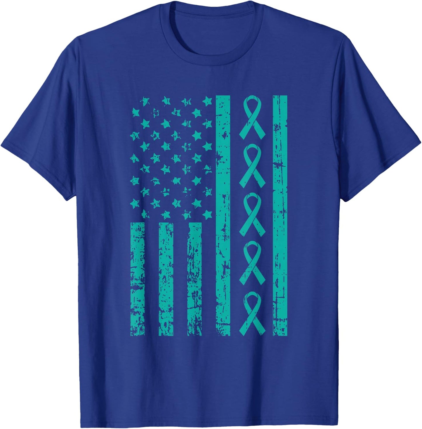 American Flag Teal Ribbon Cool Ovarian Cancer Awareness Gift T-Shirt - T-Shirt | Royal