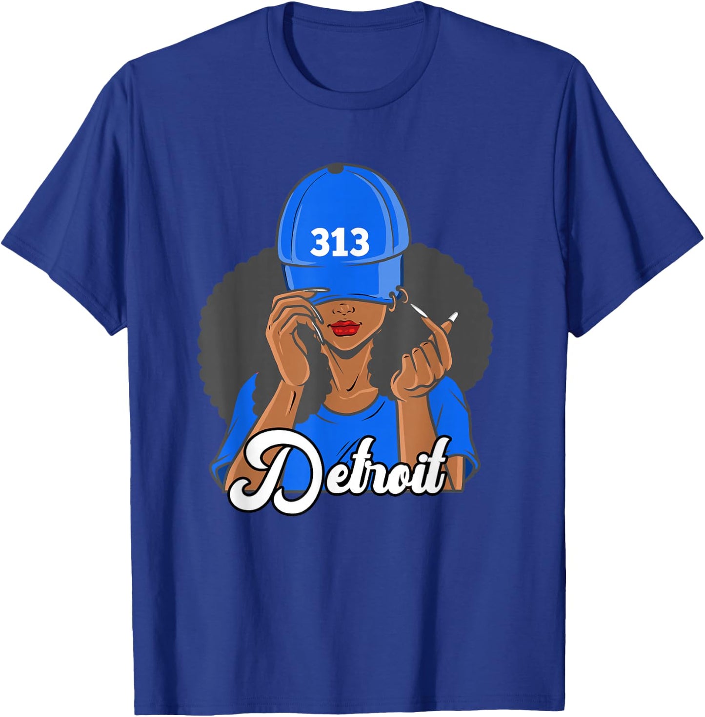 313 Detroit Michigan Black Woman Hat Afro Puffs T-Shirt - T-Shirt | Royal