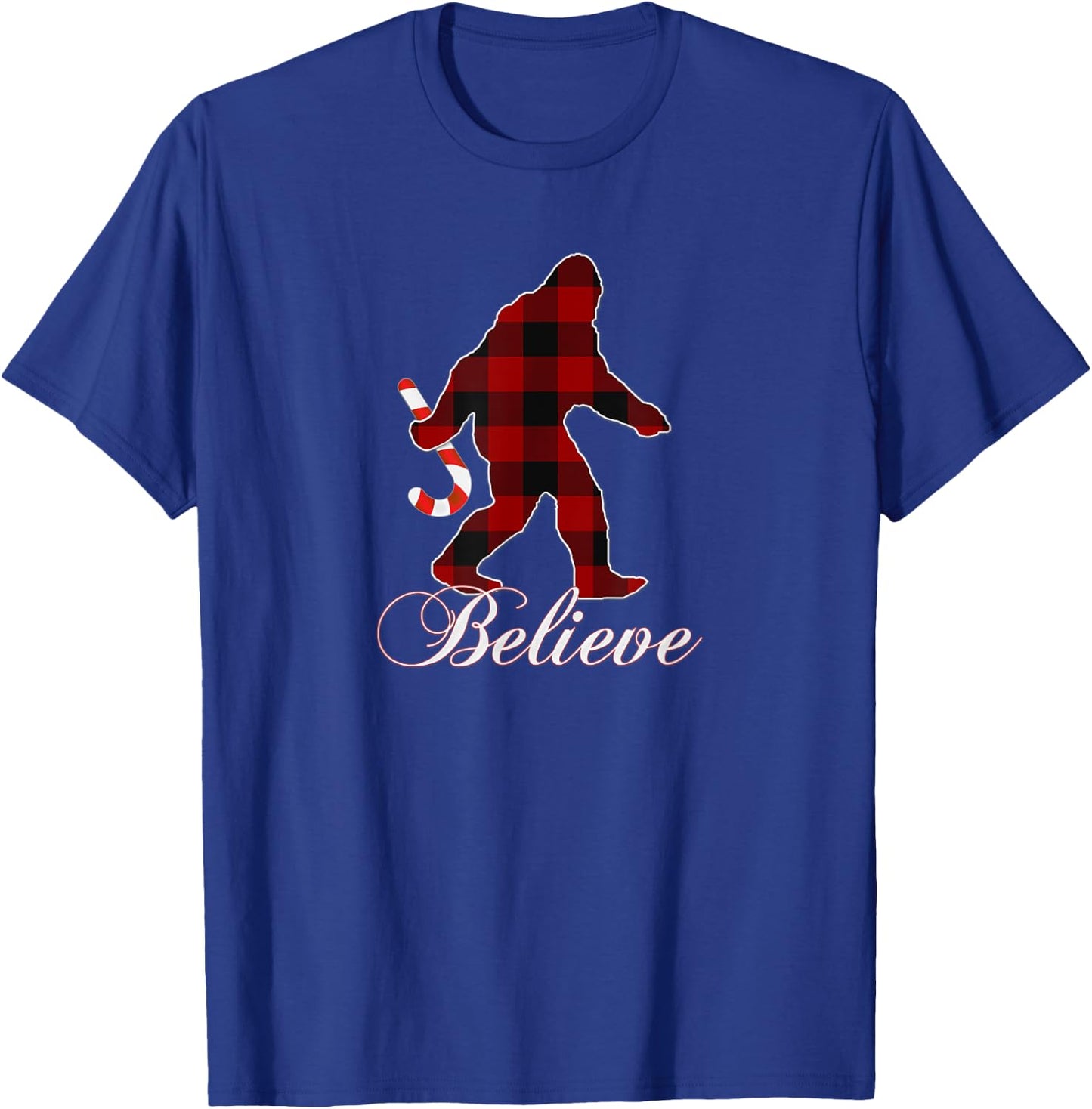 Bigfoot Buffalo Plaid Believe Candy Cane Christmas Pajamas T-Shirt - T-Shirt | Royal