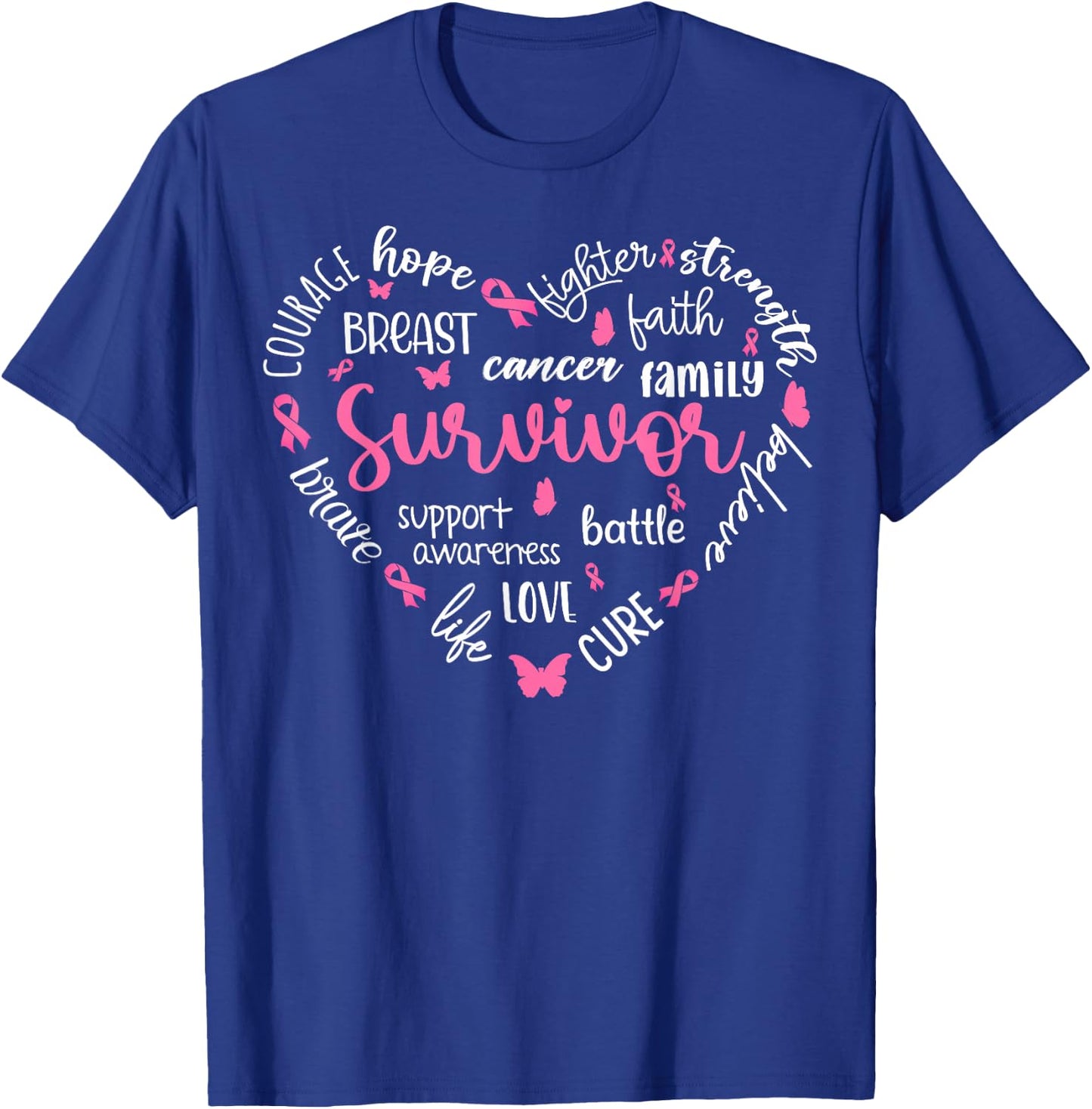 Pink Ribbon Heart Breast Cancer Awareness Survivor Warrior T-Shirt - T-Shirt | Royal
