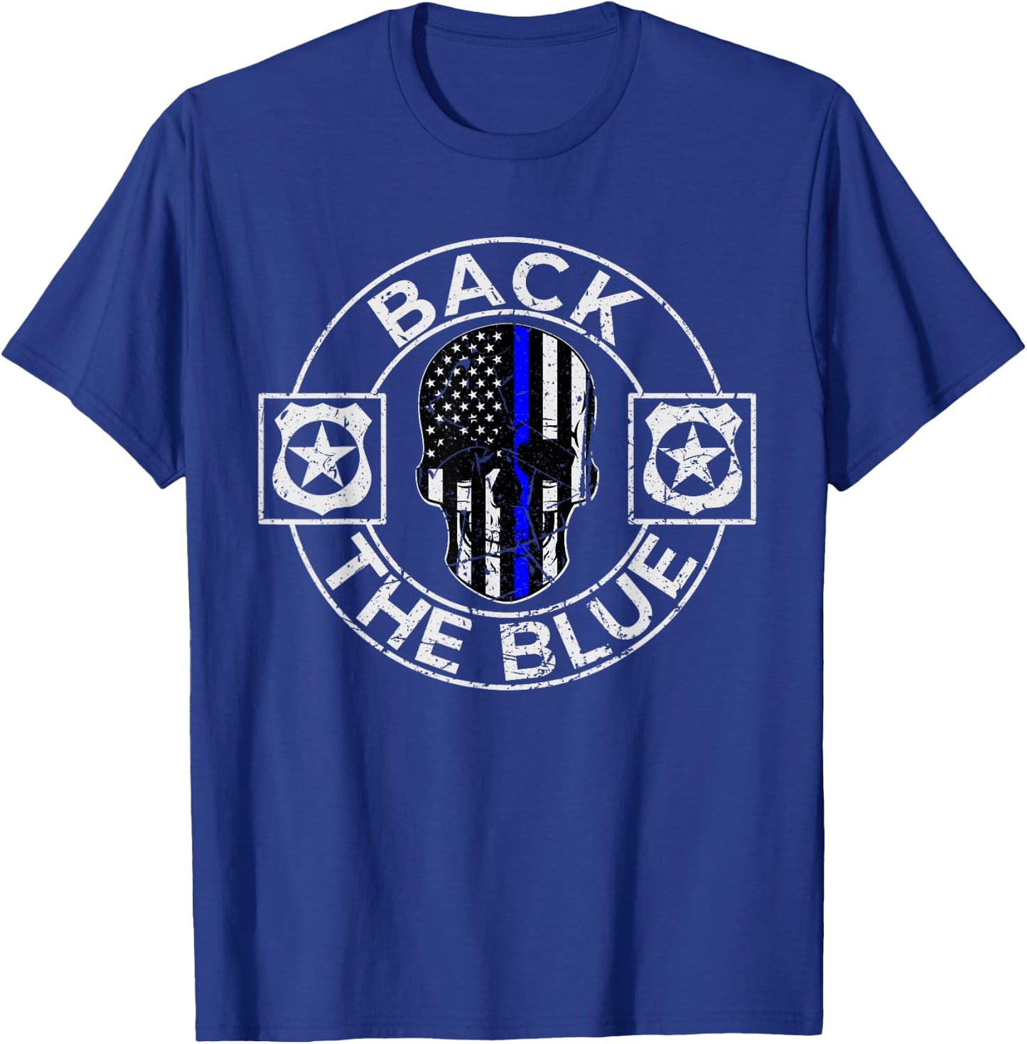 Back The Blue Thin Line Distressed American Flag Skull T-Shirt - T-Shirt | Royal