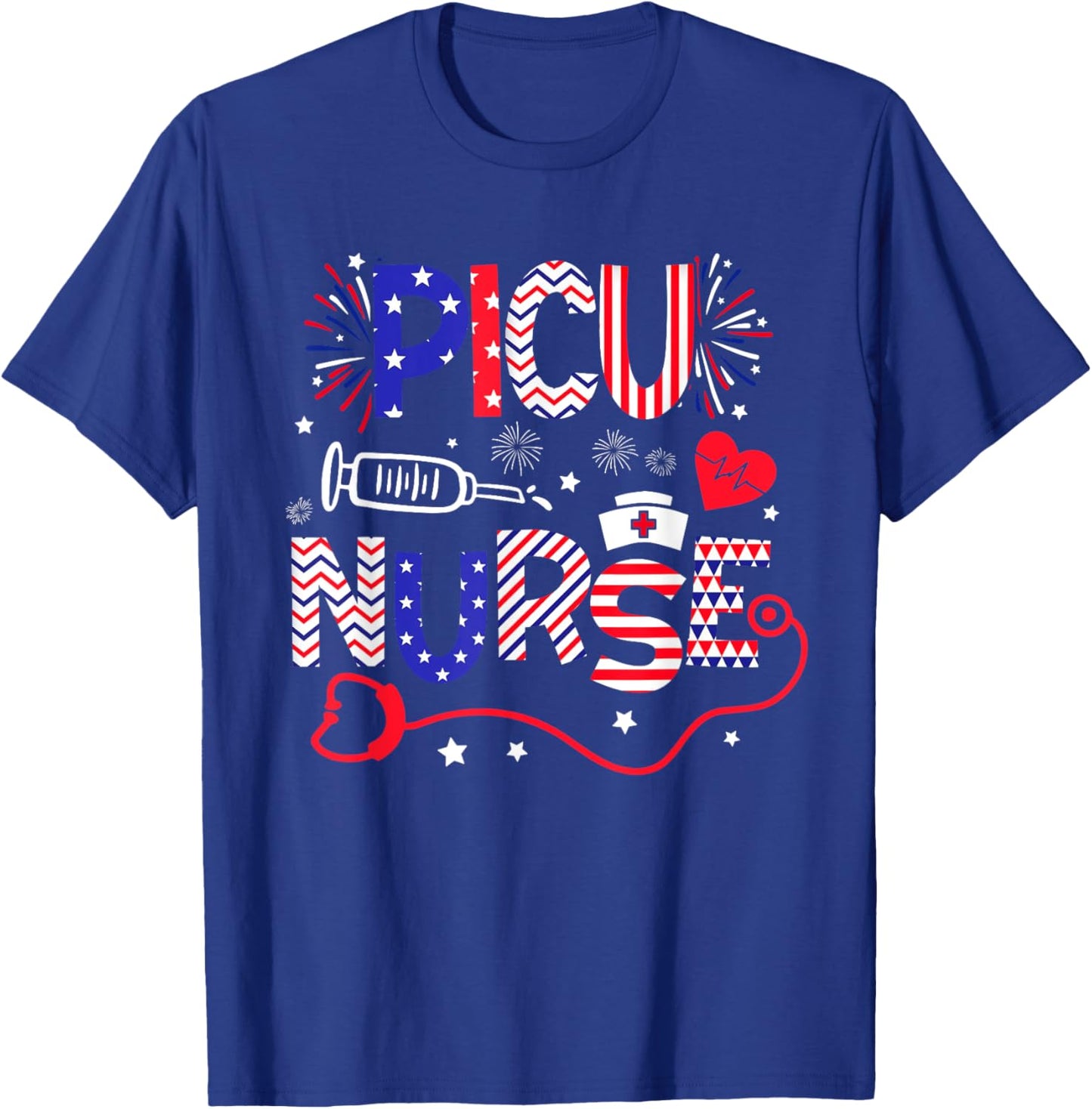 PICU Nurse 4th Of July Patriotic American Flag Stethoscope T-Shirt - T-Shirt | Royal