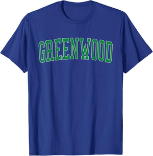 Vintage Greenwood IN Distressed Green Varsity Style T-Shirt - T-Shirt | Royal