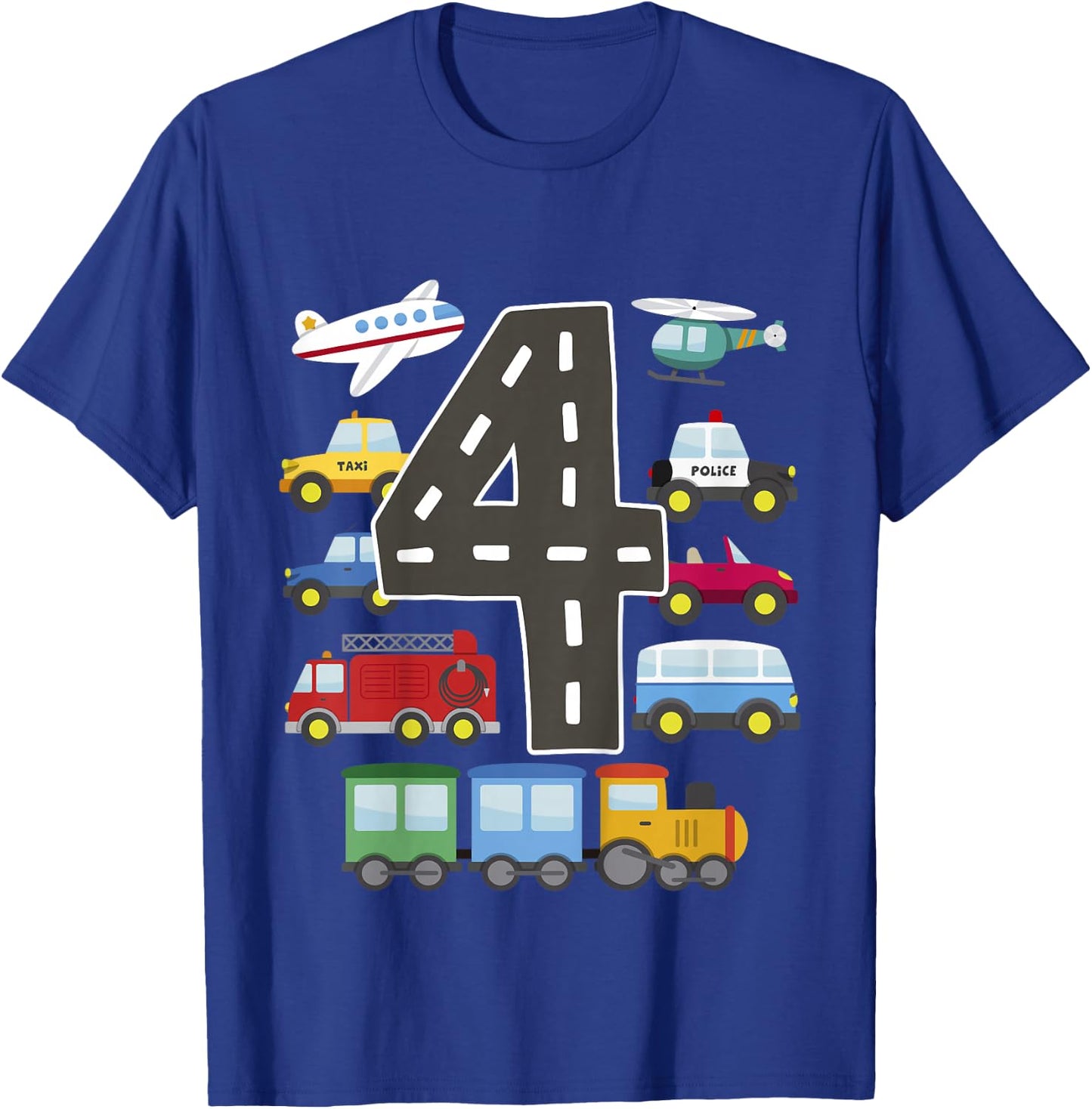 4 Year Old Transportation Birthday Car Train Plane 4th Gift T-Shirt - T-Shirt | Royal