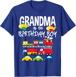 Grandma Of The Birthday Boy Cars Trucks Trains Bday Party T-Shirt - T-Shirt | Royal