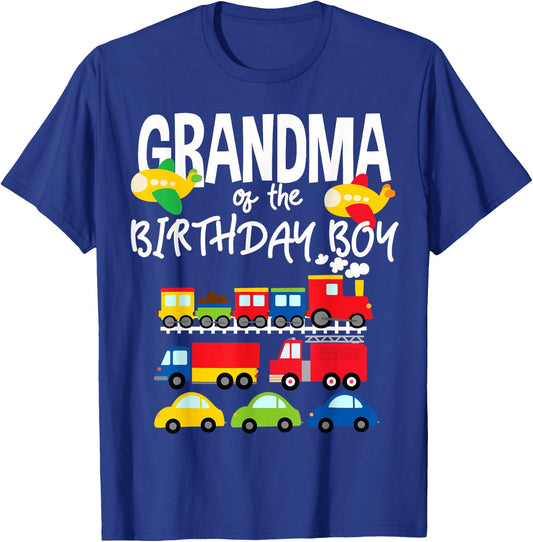 Grandma Of The Birthday Boy Cars Trucks Trains Bday Party T-Shirt - T-Shirt | Royal