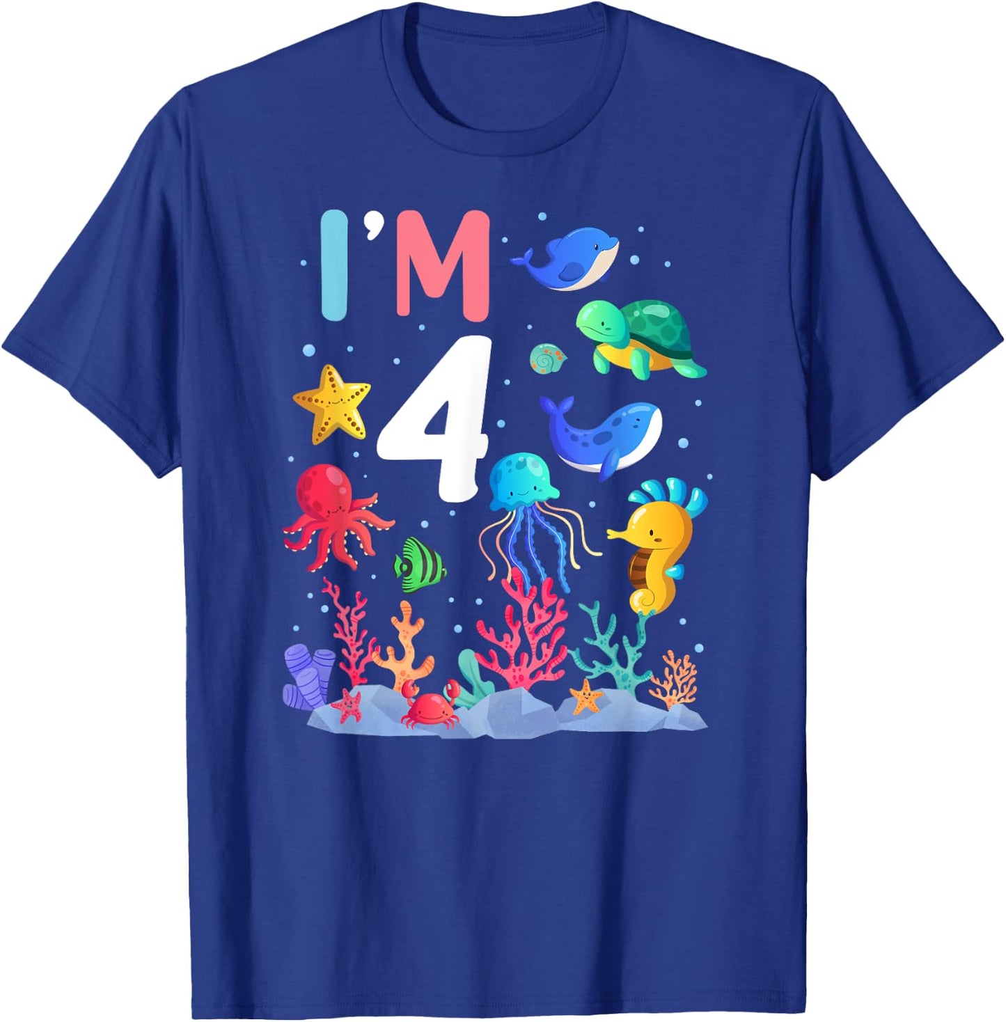 4th Birthday Party Turtle Jellyfish I'm 4 Years Old age Bday T-Shirt - T-Shirt | Royal