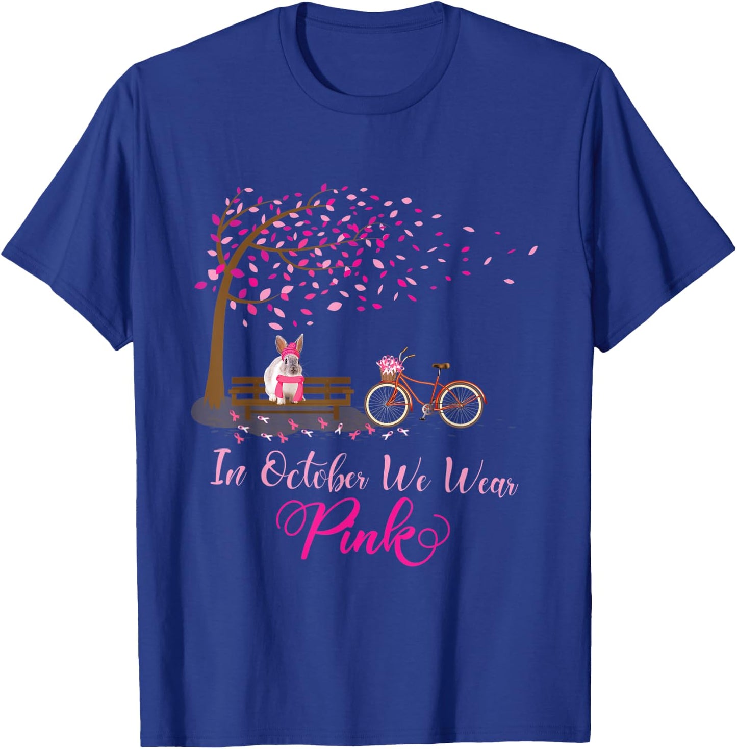 In October We Wear Pink Rabbit Fall Leaves Breast Cancer T-Shirt - T-Shirt | Royal
