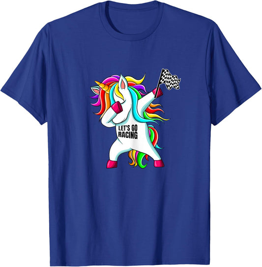 Race Car Racing Dabbing Unicorn Checkered Flag T-Shirt - T-Shirt | Royal
