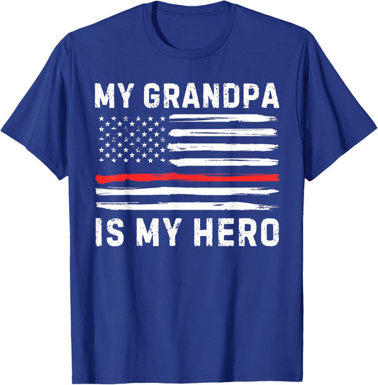 Grandpa Is My Hero Firefighter Red Line American Flag Fire Women Kids Men T-Shirt - T-Shirt | Royal