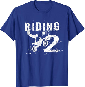 Riding Into 2 Years Old 2nd Birthday Boy Dirt Bike Party T-Shirt - T-Shirt | Royal