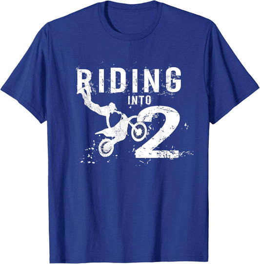 Riding Into 2 Years Old 2nd Birthday Boy Dirt Bike Party T-Shirt - T-Shirt | Royal