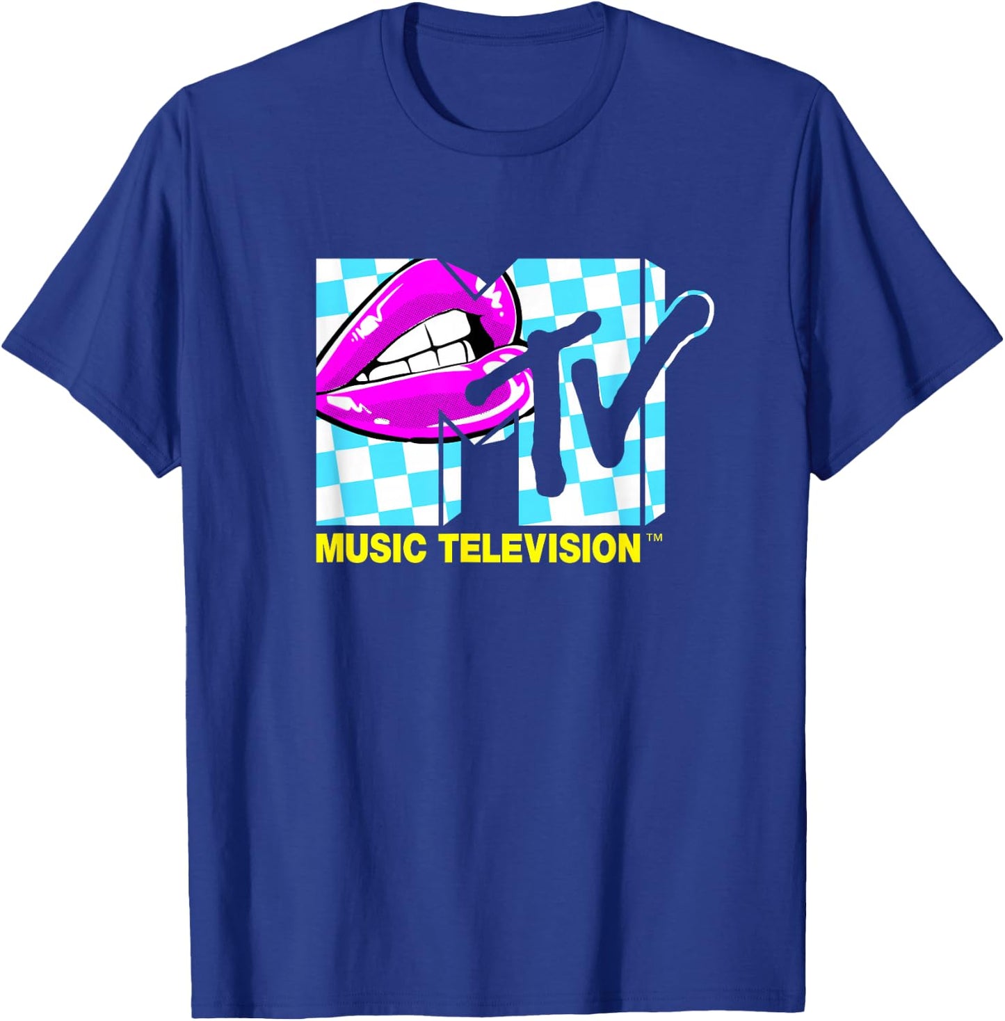 Mademark x MTV - Retro 1980s Pink Lips Checkered Kiss T-Shirt - T-Shirt | Royal