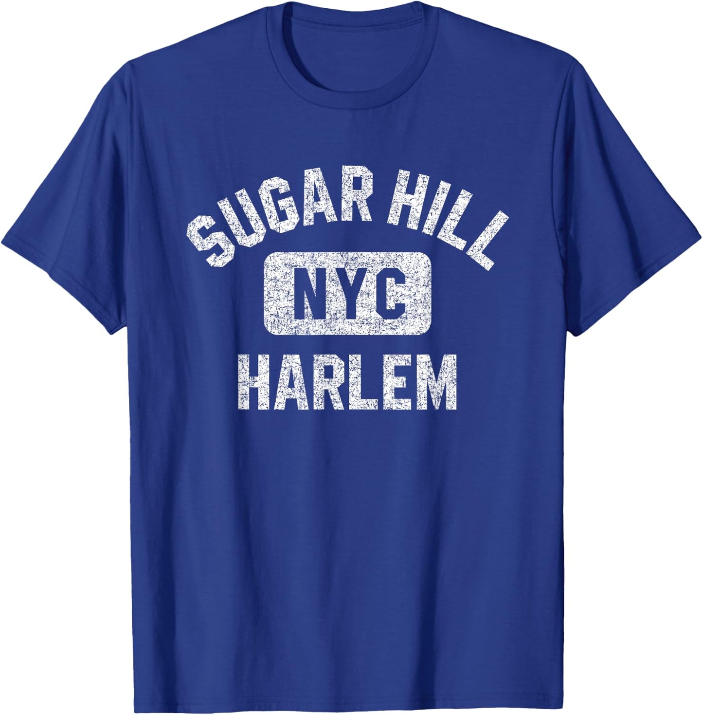 Sugar Hill Harlem NYC Gym Style Distressed White Print T-Shirt - T-Shirt | Royal