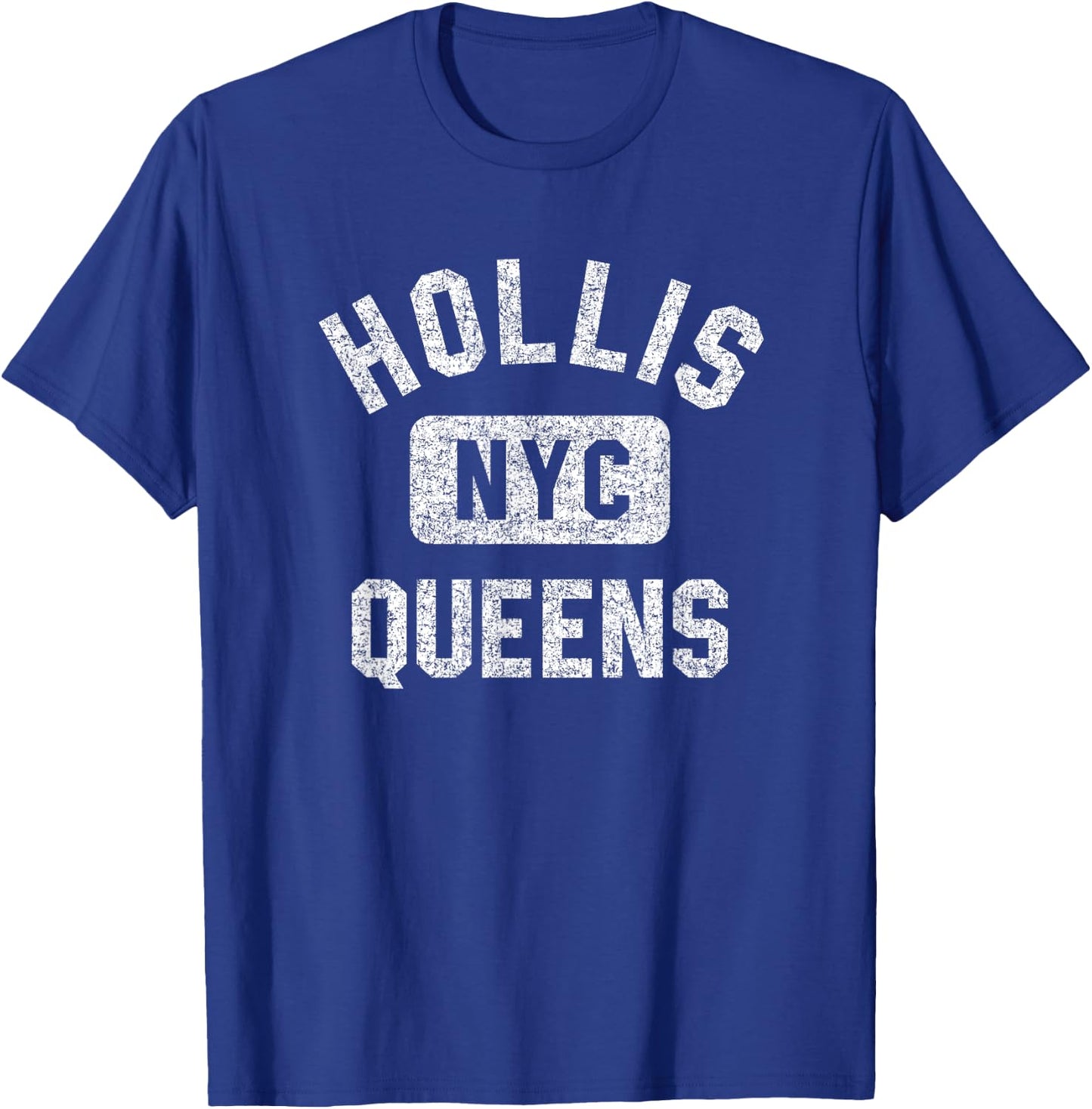 Hollis Queens NYC Gym Style Distressed White Print T-Shirt - T-Shirt | Royal