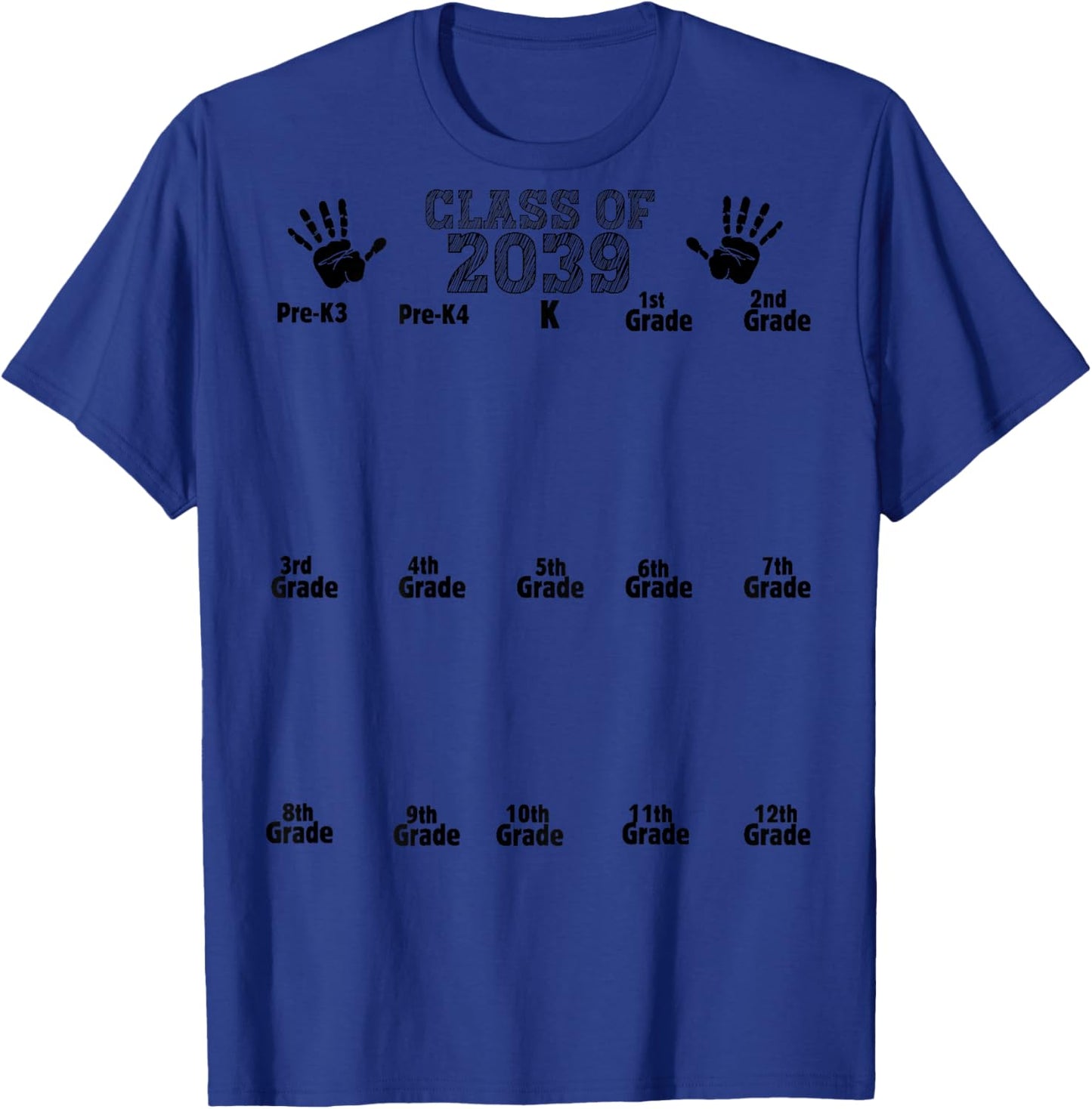 Class of 2039 Grow With Me Handprint Pre-K3 12th(Back) T-Shirt - T-Shirt | Royal