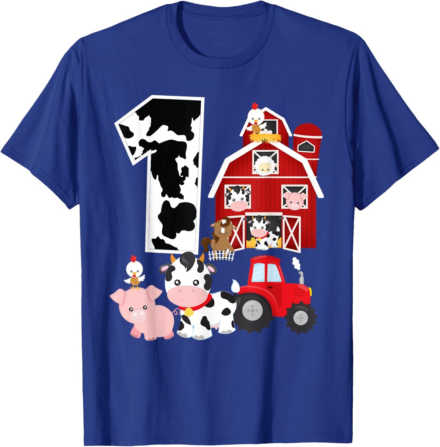 Farm Barnyard Theme Pig Cow Horse 1st Birthday 1 Yrs Old T-Shirt - T-Shirt | Royal