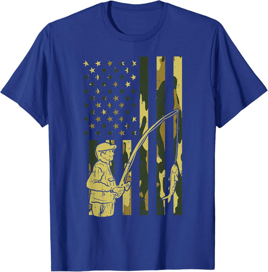Camo Flag Fisherman Vintage Fishing Patriotic Angler Gift T-Shirt - T-Shirt | Royal