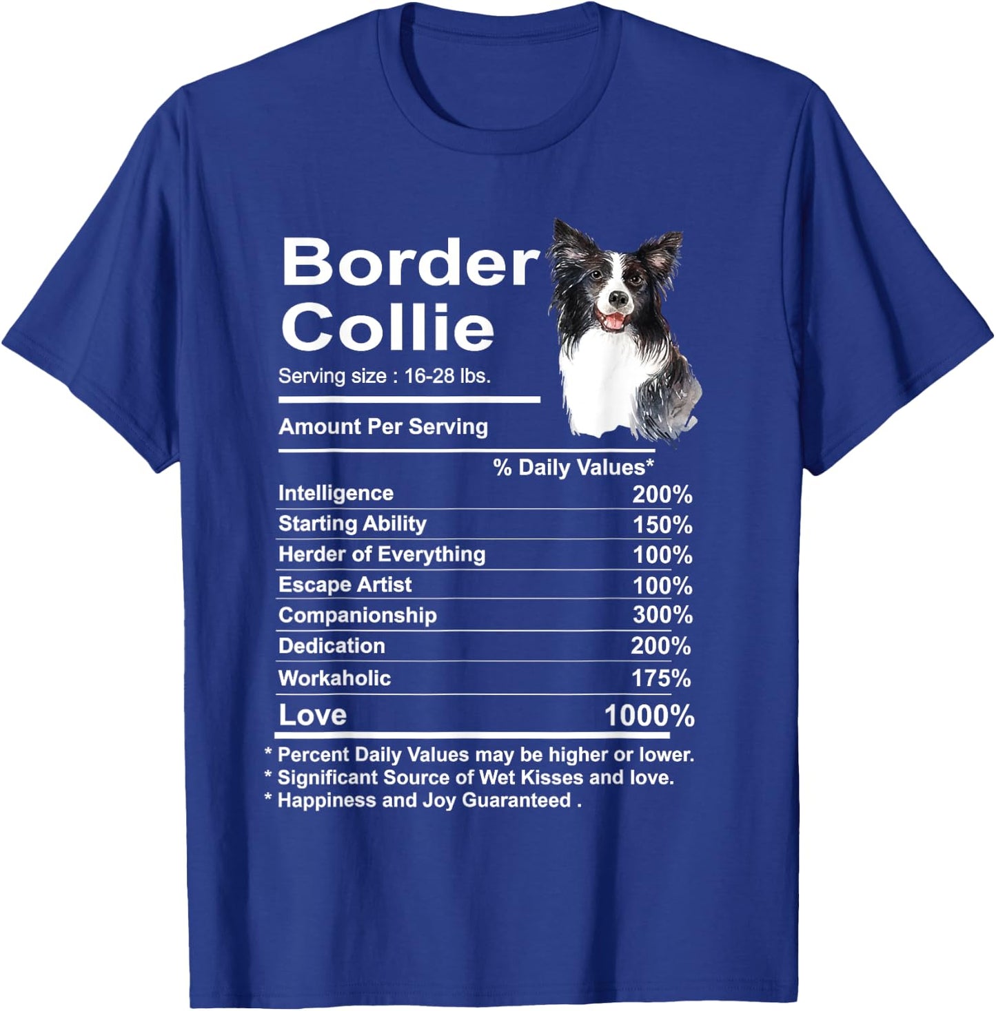 Funny Border Collie Facts Nutrition Gift Border T-Shirt - T-Shirt | Royal