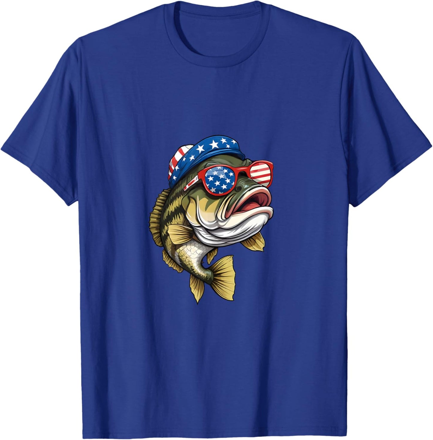Bass Fish 4th Of July American US Flag Patriotic Fishing T-Shirt - T-Shirt | Royal